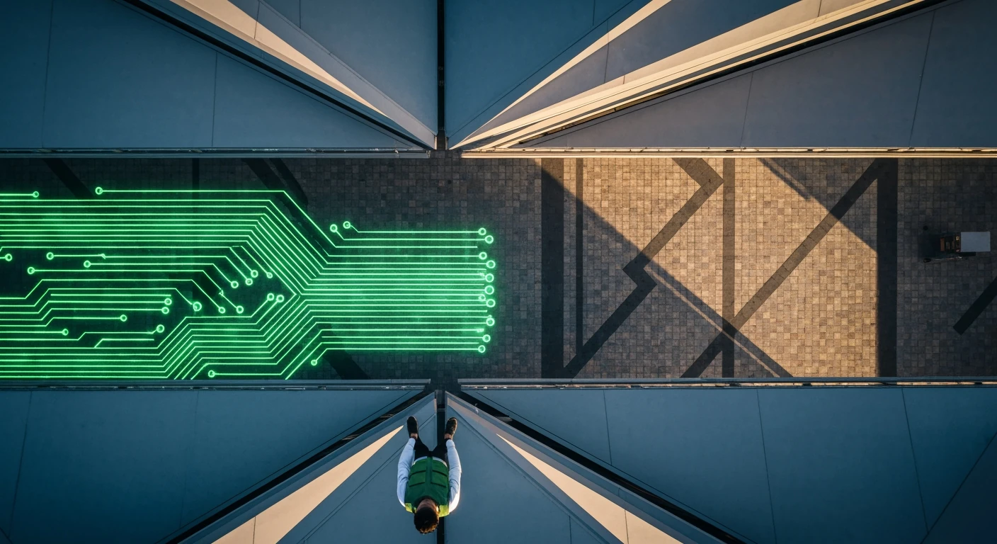 Aerial drone view of a person on a geometric overpass in an urban landscape, symbolizing fast-paced news SEO contrasting with stable evergreen content, under cool dawn light.