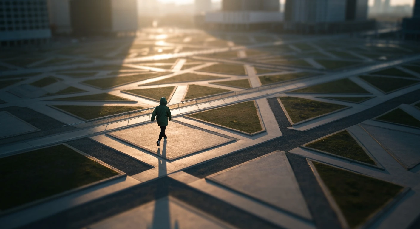 High-altitude drone view of a person in a green jacket walking on a geometrically patterned urban pathway at dawn, symbolizing the shift in news consumption.