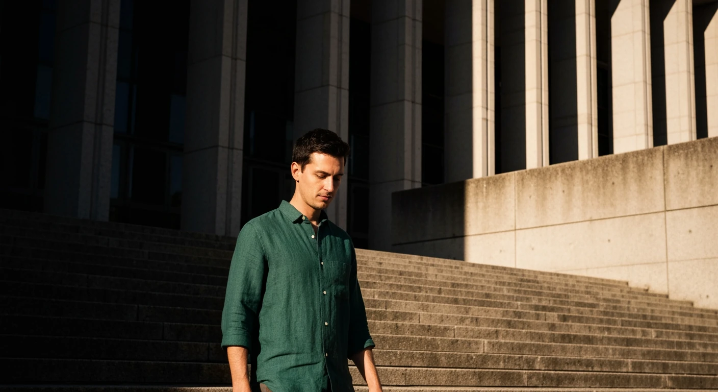 A person walking up weathered concrete steps towards a government building, symbolizing Brazil's political shifts and societal impact amidst strong sunlight and deep shadows.
