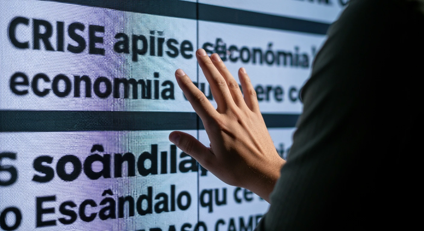 A person's hand partially covers a fragmented digital display showing blurred Brazilian news headlines, illustrating how superficial headlines can mislead readers about complex issues and contribute to misinformation.
