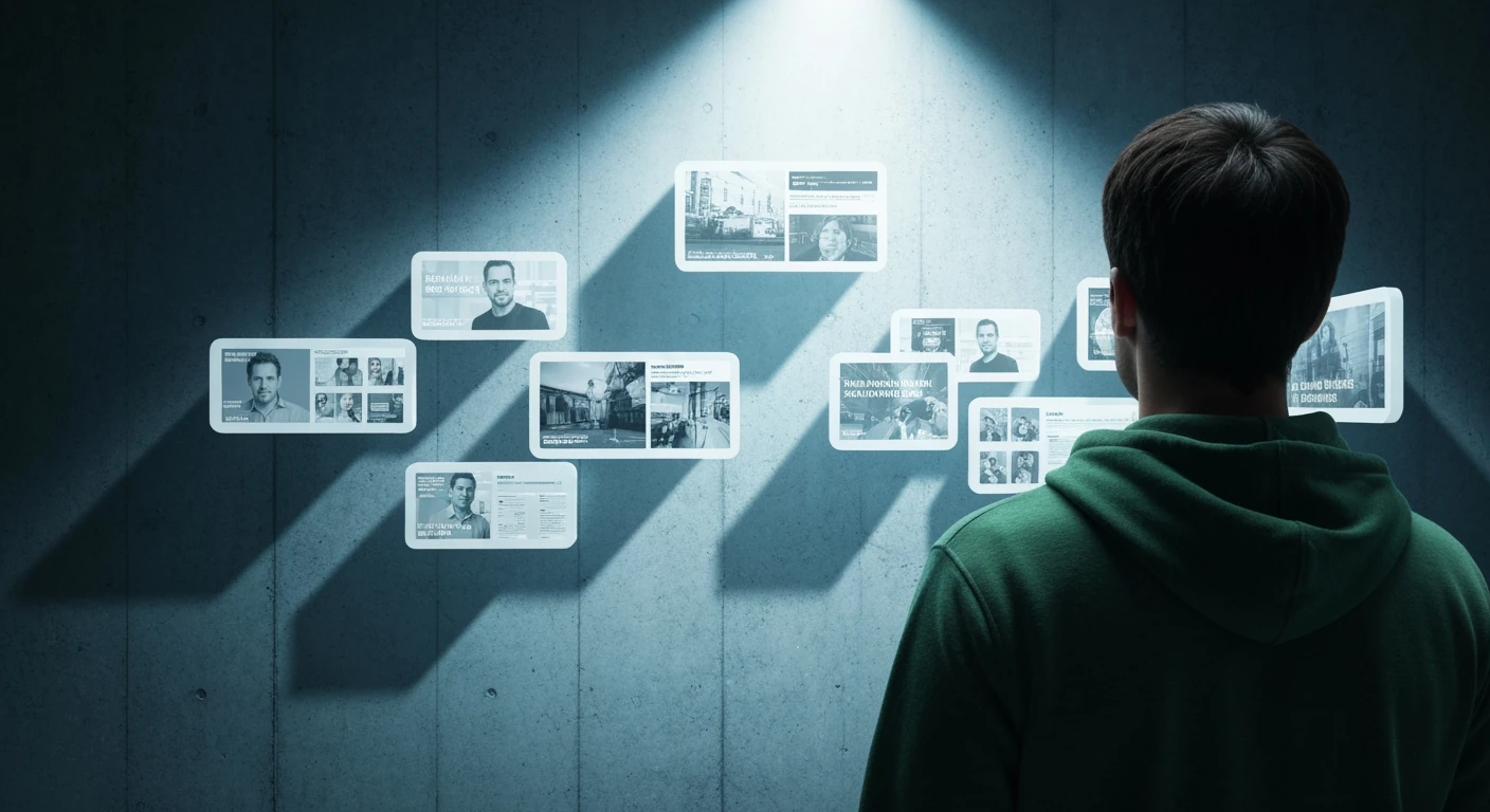A person in a dark green hoodie views a fragmented digital news interface on a concrete wall, with sharp shadows emphasizing limited information exposure.