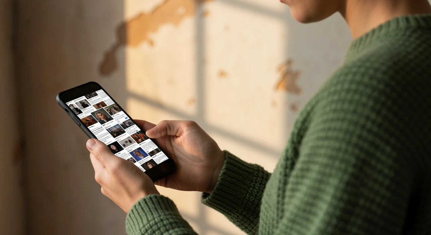 Close-up of a person's hands holding a smartphone displaying a fragmented news feed, symbolizing an echo chamber, with a green sweater and warm, textured background.