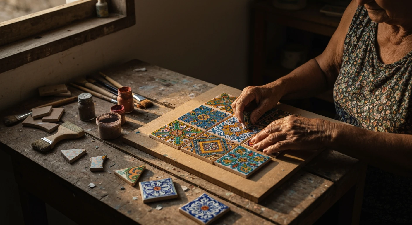 Close-up of a Brazilian artisan's hands arranging a mosaic of diverse cultural tiles, showcasing indigenous, African, and European influences.