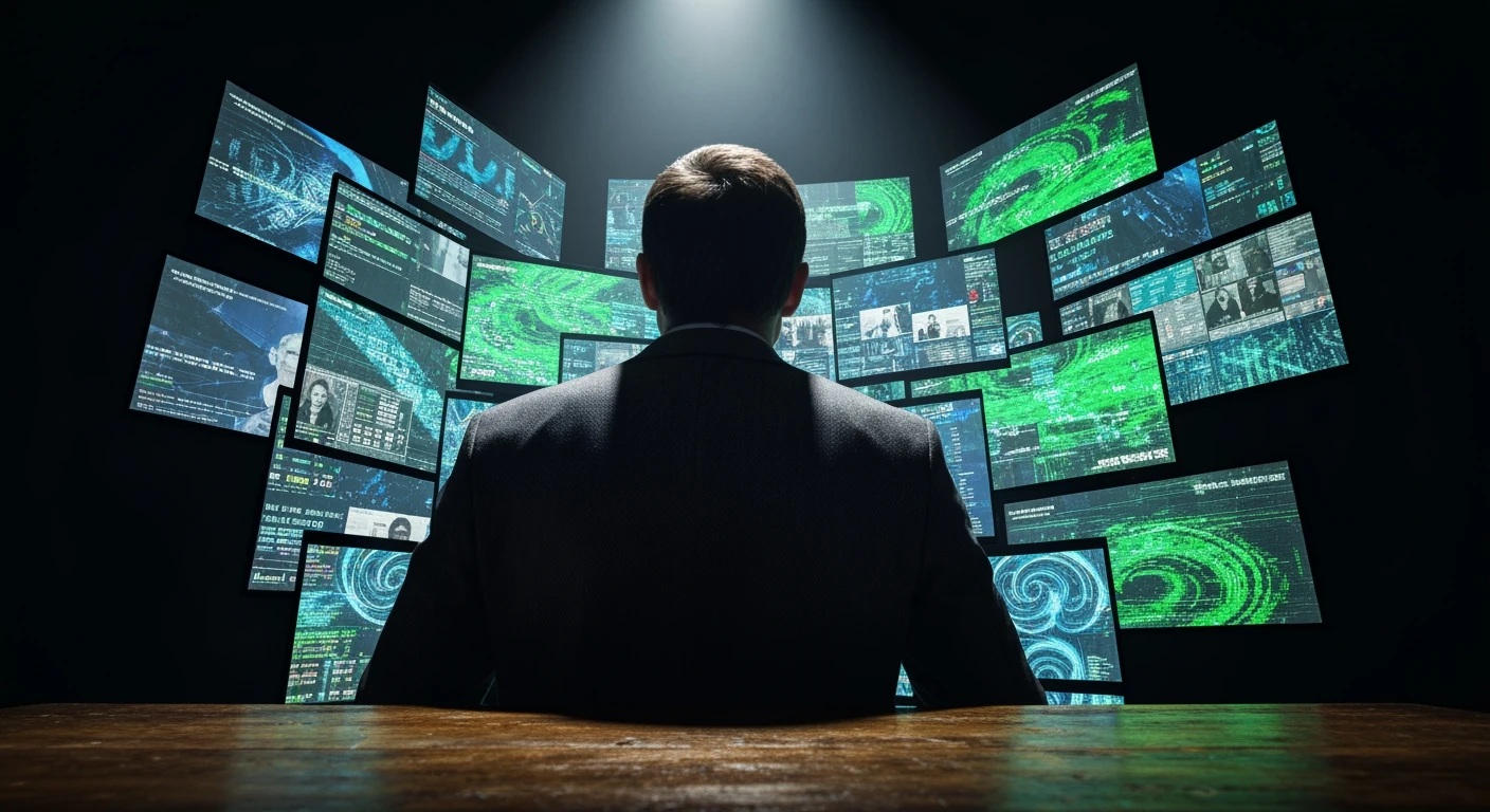 A person viewed from behind looking at multiple fragmented digital screens displaying distorted news headlines, illustrating the challenge of identifying fake news.