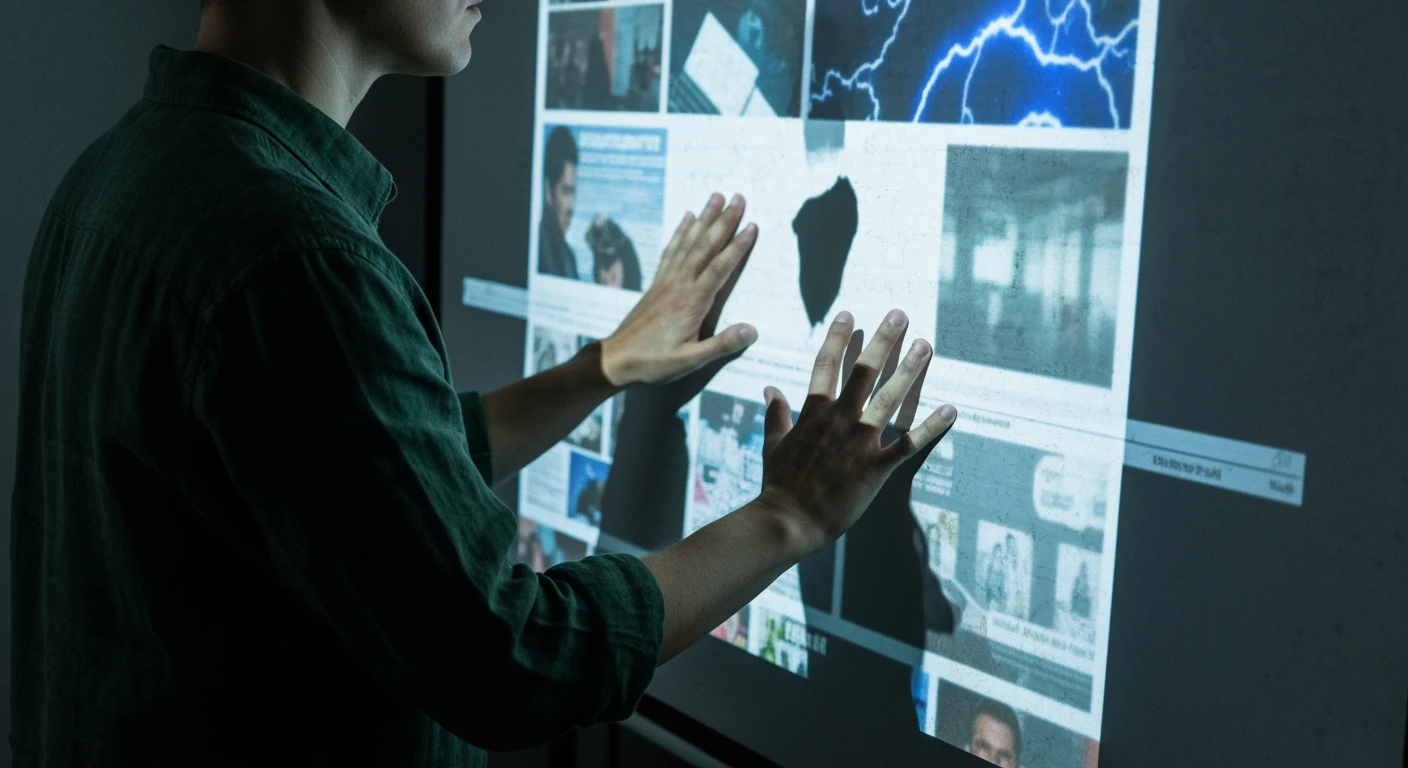 A person, mid-body crop, in a dark green shirt, intently sifting through a chaotic, fragmented projection of news headlines on a translucent screen, with harsh, cool-toned lighting highlighting the struggle to discern information.
