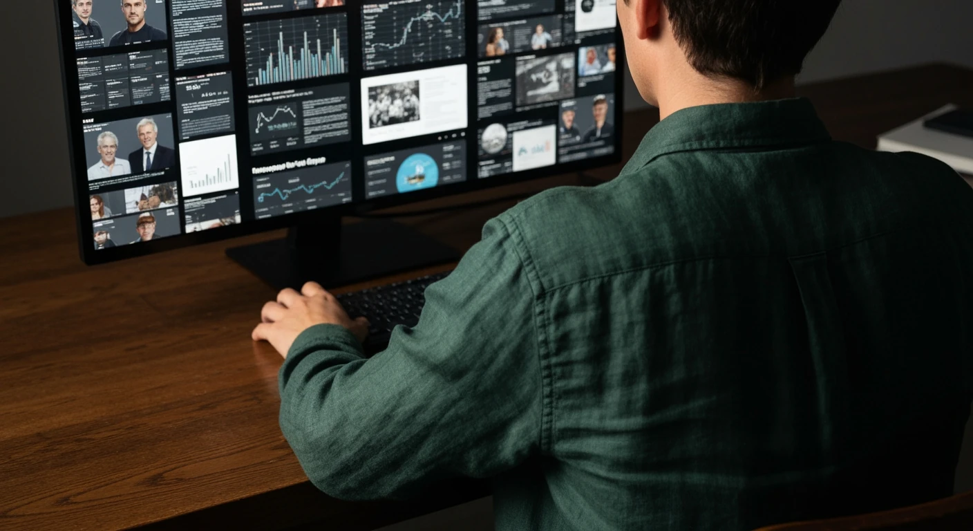 A person, seen from behind, studying a fragmented digital news interface on a screen, which casts a warm, dramatic glow on their green linen shirt and the dark oak desk.