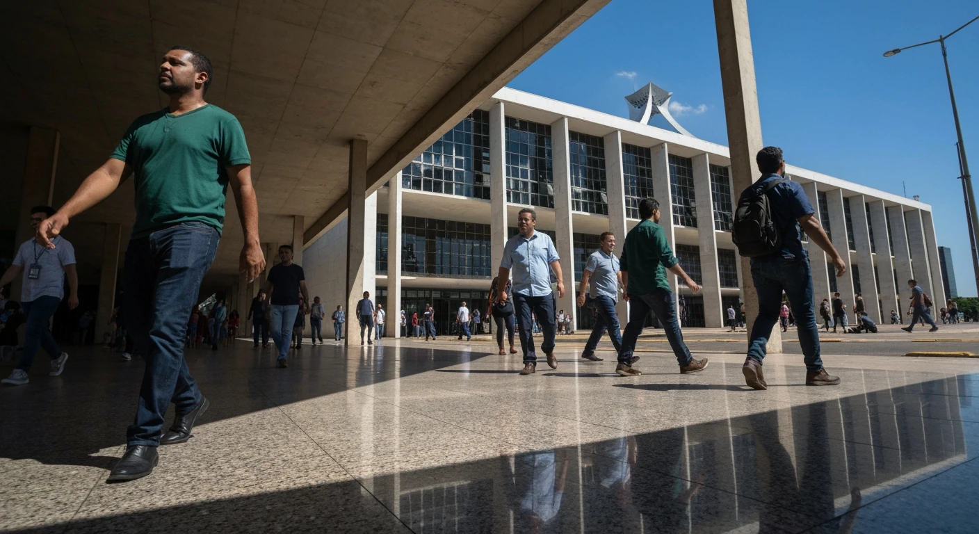 A low-angle, high-contrast, professional photograph of a bustling street in Brasília, showing people walking with the National Congress building in the background under harsh midday sun, capturing the dynamic political landscape of Brazil.