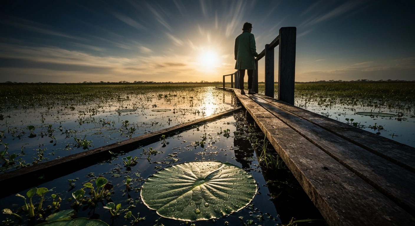 A person observing the dawn in the Pantanal wetlands, highlighting Brazil's ecological diversity beyond the Amazon.