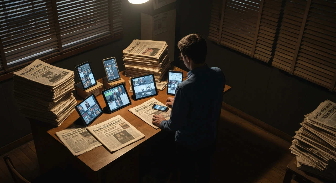A person from behind in a vintage newsroom, looking at modern tablets displaying Brazilian news, surrounded by old newspapers, under dramatic, low-key lighting.
