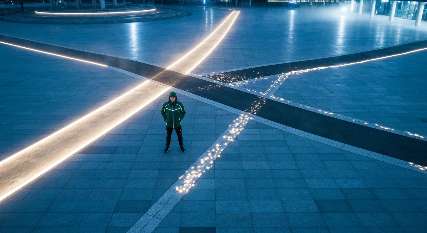 Aerial view of a person navigating intersecting geometric pathways in an urban plaza, symbolizing evolving news SEO strategies and algorithm changes.