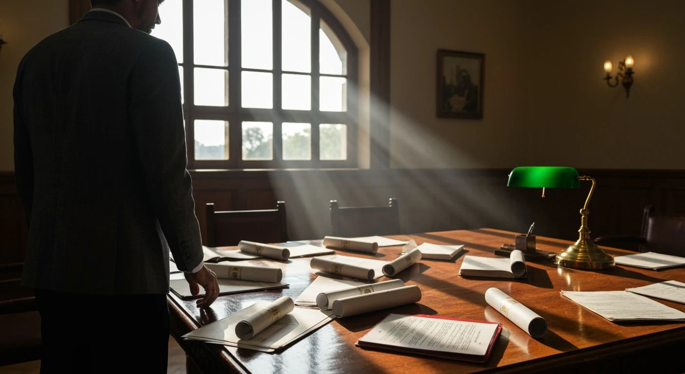 A person in a dark suit overlooking legislative documents on an ornate wooden table in a dimly lit Brasília government office, highlighted by a strong beam of light.