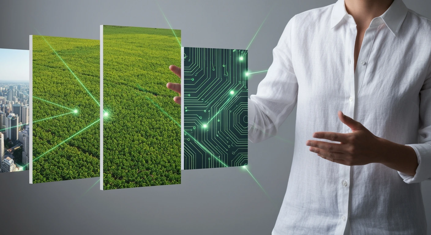 A person gesturing towards a multi-panel display showing Brazil's economic diversity, including agriculture and technology, with a cool, minimalist aesthetic.