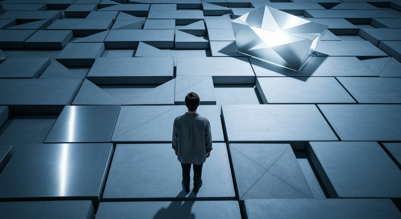 A person navigating a geometric, fragmented landscape of concrete and brushed aluminum panels, symbolizing the complex modern news ecosystem and information overload, with a cool blue and silver color palette.