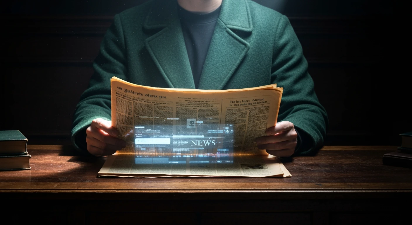 A person in a green coat sits at a dark desk, holding an antique newspaper while a holographic digital news feed glows above, symbolizing the evolution and rapid pace of 'latest news.'