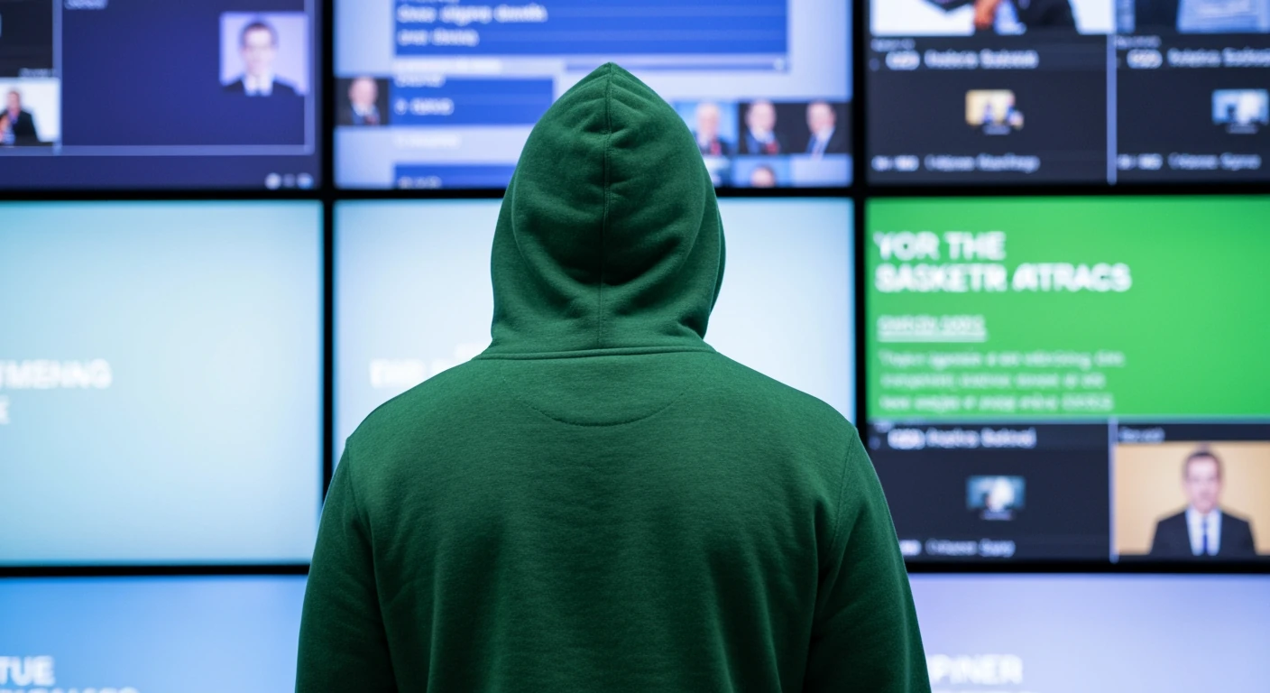 A person in a forest green hoodie, viewed from behind, engaging with multiple geometric digital screens displaying fragmented news headlines and short-form video clips in cool tones, illustrating modern digital news consumption trends and the shift to on-demand information.