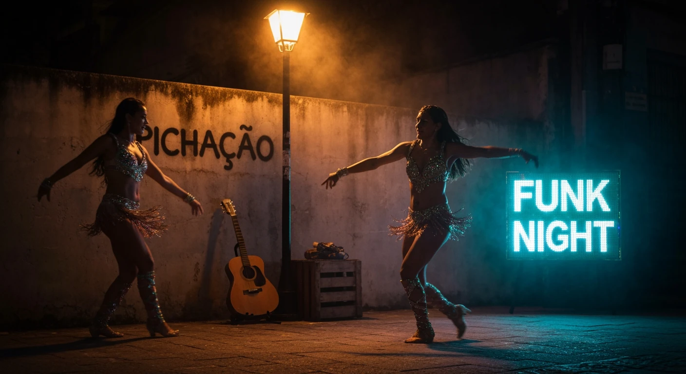A vibrant Brazilian street scene at night, featuring a dancer blending samba and funk carioca, alongside pichação graffiti and a mix of traditional and modern musical elements under dramatic street lighting.