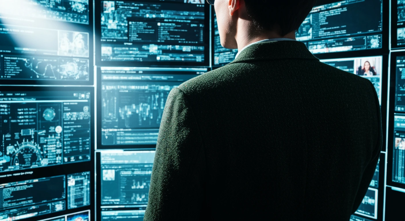 A person viewed from behind observing a chaotic, overwhelming digital news feed across multiple translucent screens, lit by dramatic chiaroscuro.
