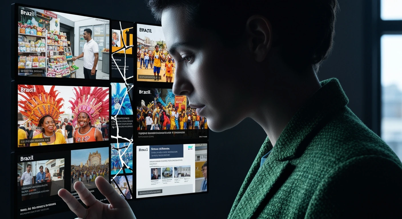 A person views a fragmented multi-panel screen displaying diverse news from Brazil, illustrating the varied media landscape.