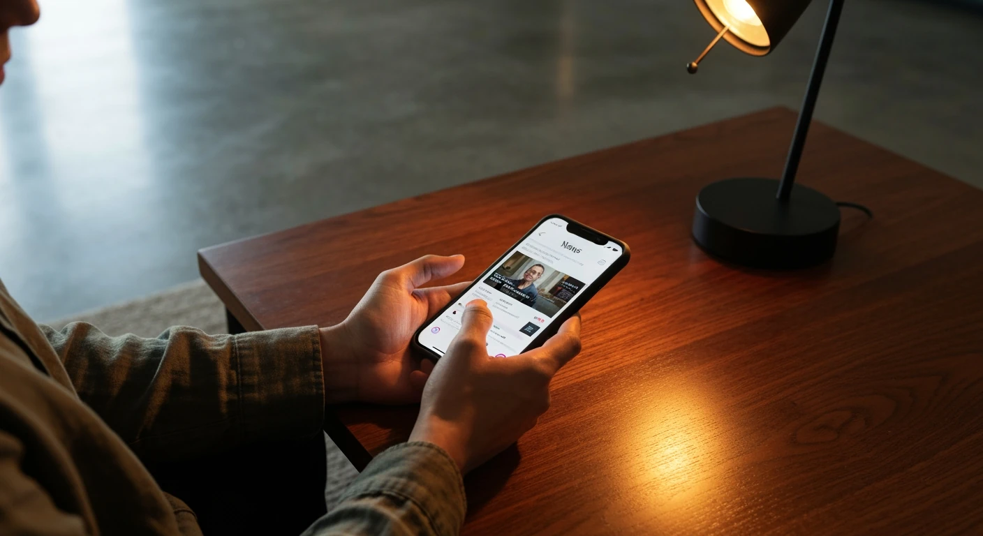 A person engaging with a news app on a smartphone in a dimly lit living room, showcasing personalized digital news consumption.