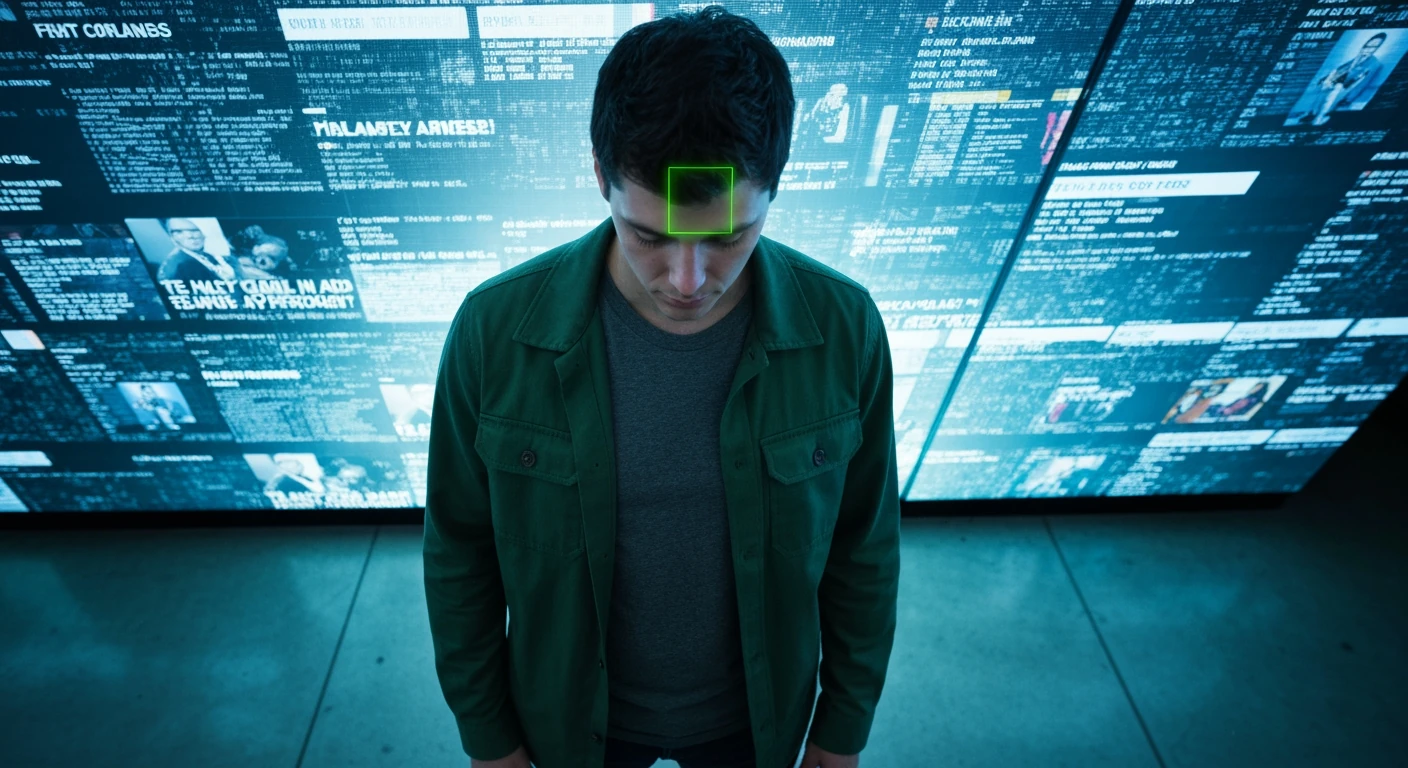 A person, seen from above, faces a large digital screen overflowing with fractured news headlines, with a small section highlighted by a green filter, illustrating information overload and the need for news filtering.