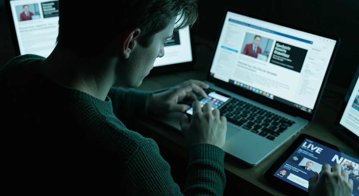 A person, seen from over the shoulder, focused on multiple glowing digital screens displaying fragmented news headlines and alerts, with deep shadows and high contrast lighting, symbolizing information overload.