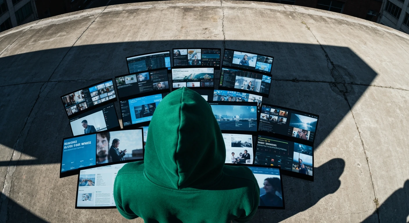Person in a green hoodie looking down at fragmented digital news feeds on a harsh concrete surface under dramatic midday shadows, depicting information overload.