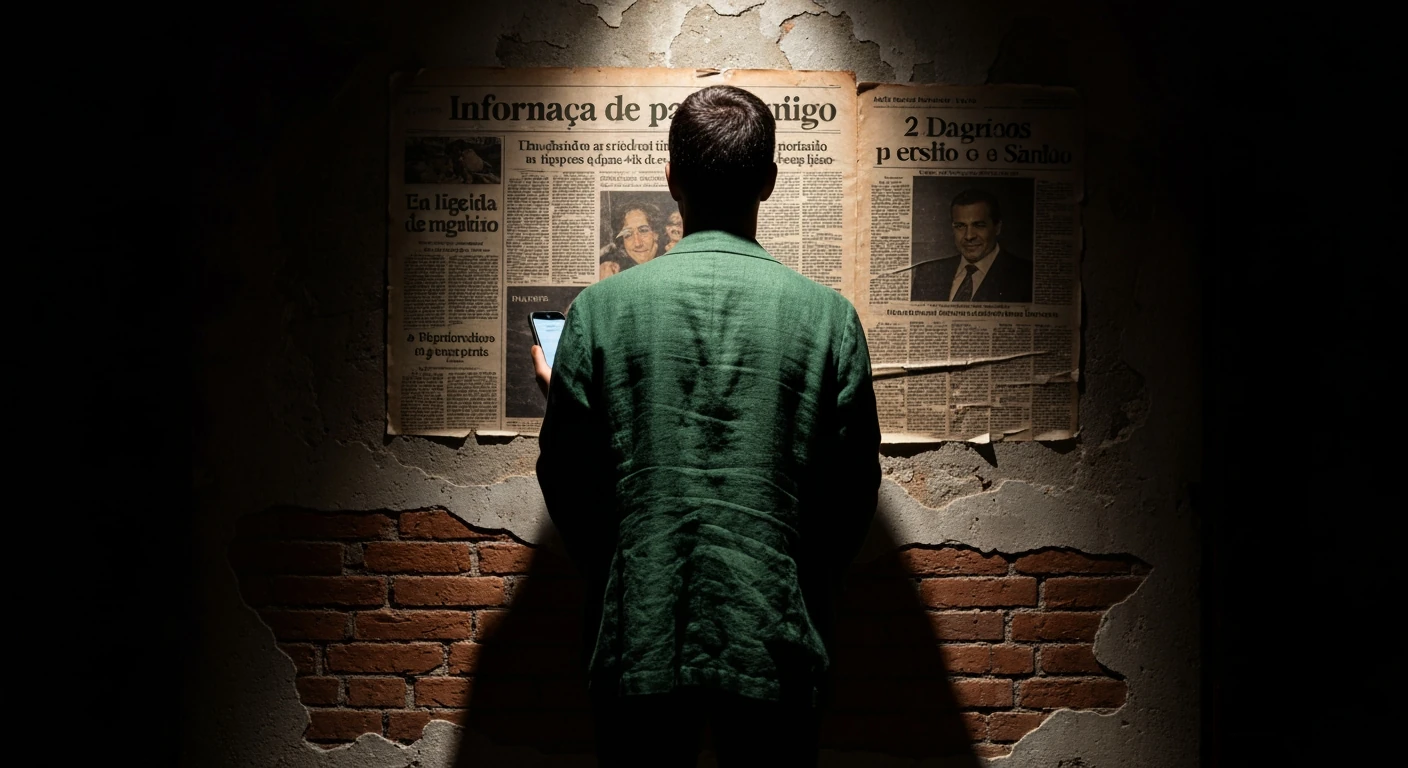 A person from behind, wearing a deep green jacket, silhouetted against a weathered brick wall covered in faded Brazilian newspaper headlines in Portuguese, symbolizing the complex media landscape and historical influences.