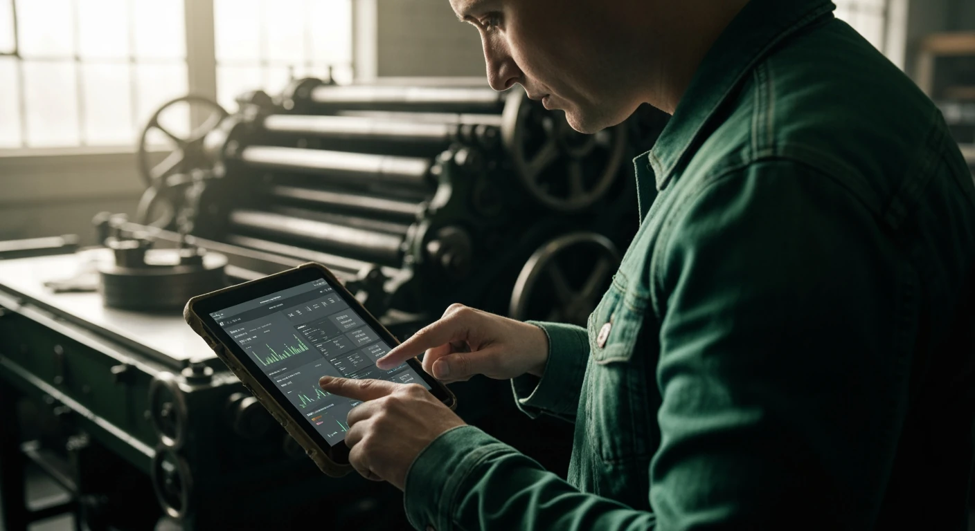 A person in a green denim jacket intensely studies a tablet showing real-time news analytics, with a vintage printing press in motion blurred in the background, conveying the urgency of news SEO strategies.