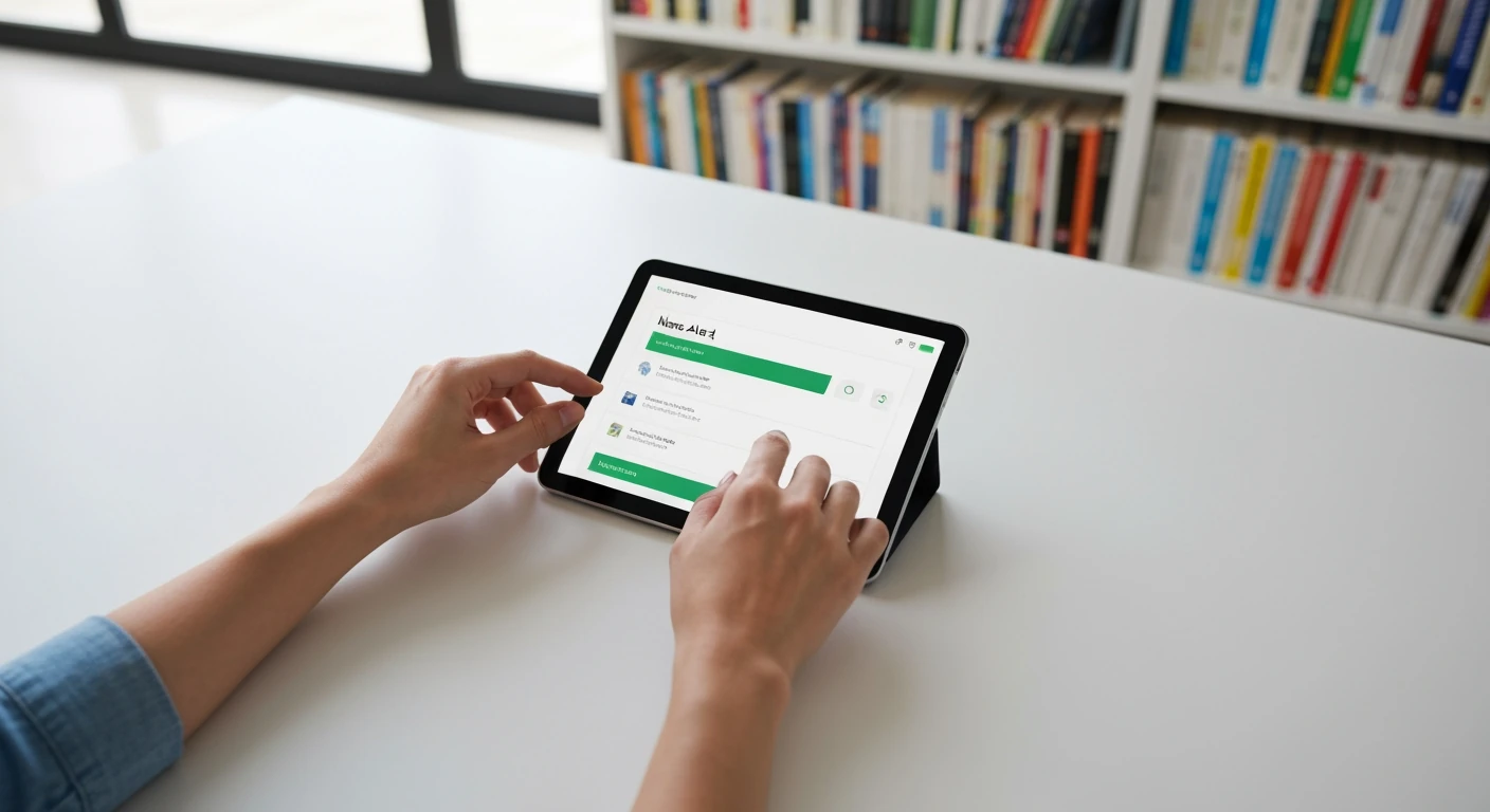Overhead view of hands on a tablet, setting up personalized news alerts with green UI accents on a white desk, surrounded by blurred bookshelves, conveying information control and efficiency.
