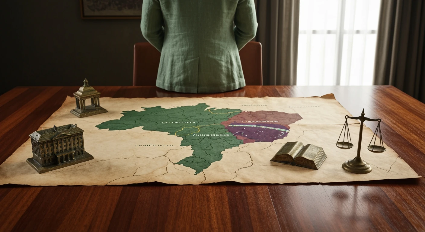 An overhead view of a person in a green blazer observing a detailed, aged map of Brazil with symbolic figurines representing the three branches of government, illuminated by soft natural light on a dark wooden table.