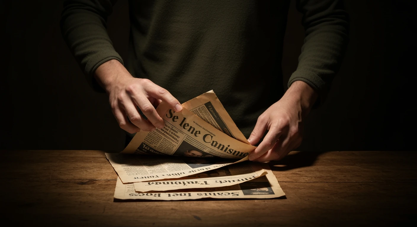 Close-up of hands peeling back layers of newsprint, revealing hidden headlines under dramatic light, symbolizing critical news evaluation.