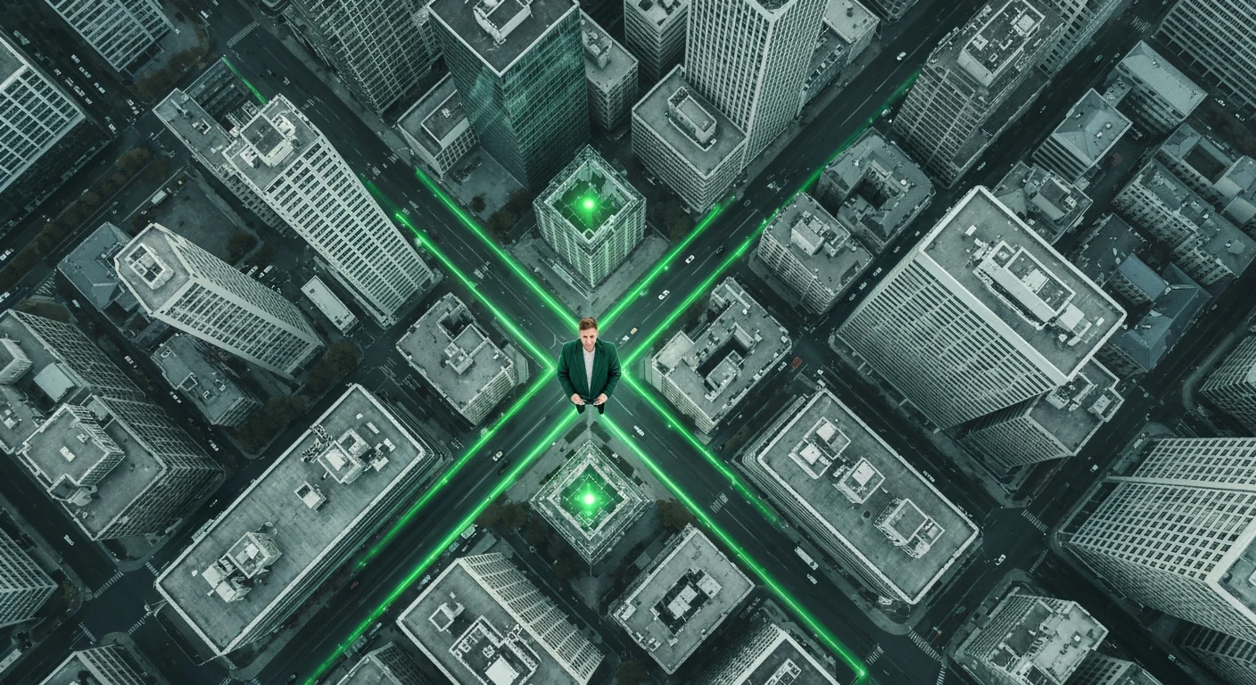 Aerial view of a fragmented city grid with glowing green data streams representing news flow, highlighting digital media's impact on consumption. A person in a green jacket stands at an intersection point, symbolizing navigating the constant information stream.