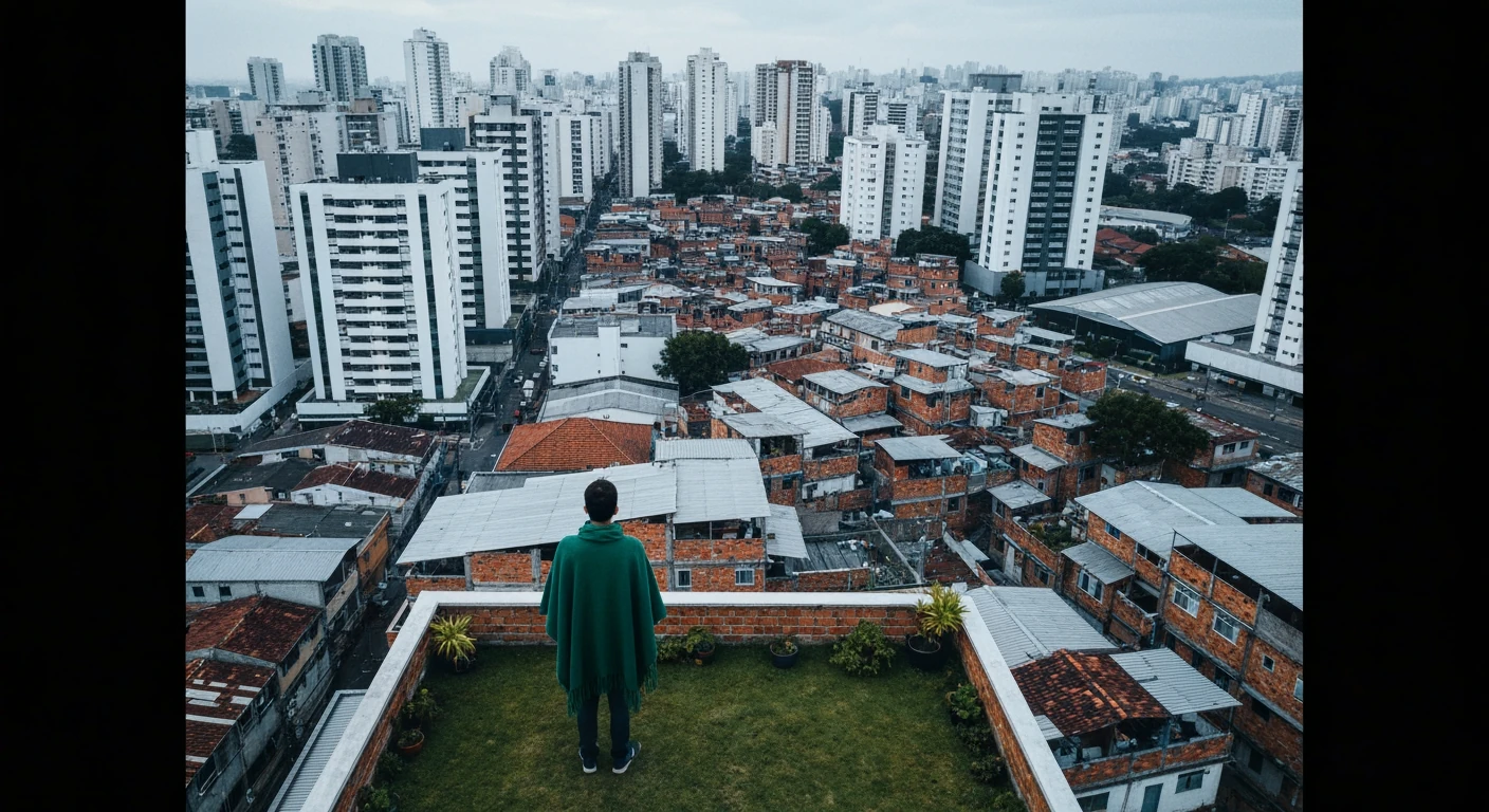 Aerial view of a Brazilian city skyline meeting an informal settlement, highlighting architectural contrasts and social disparities under overcast morning light.