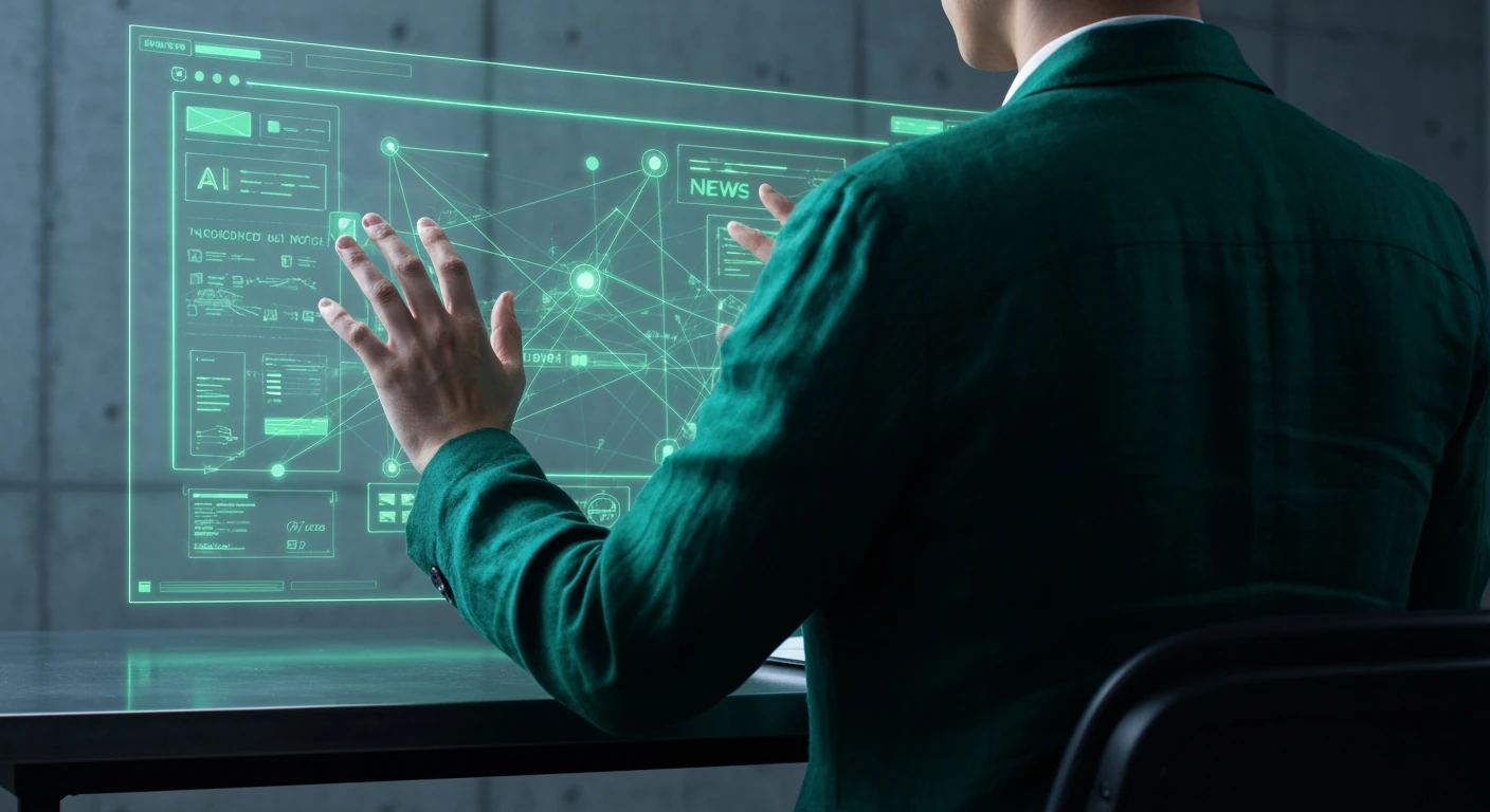 A person interacting with a futuristic holographic news display, showing an intricate network of data and AI-generated content in a minimalist modern workspace, symbolizing the evolution of media.