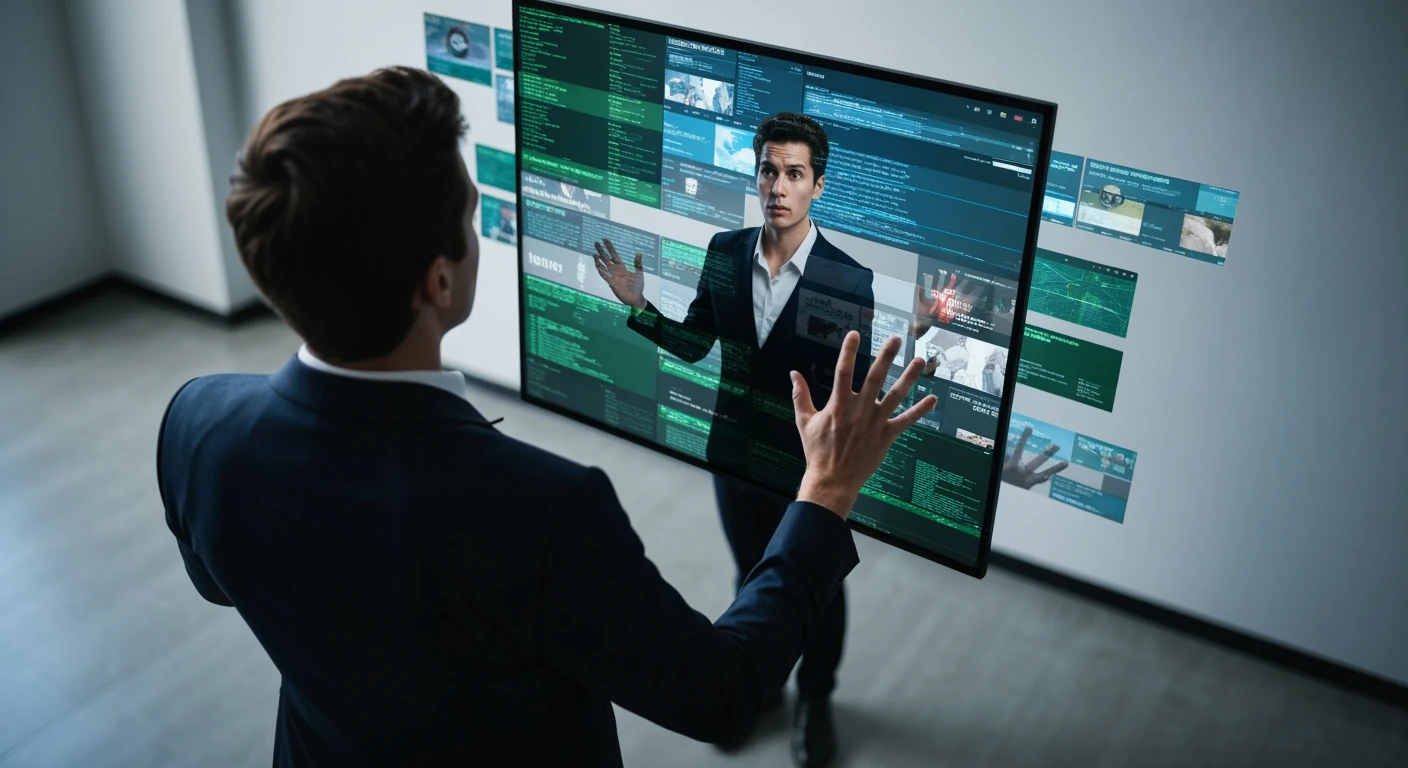 Person viewing a complex digital screen with overlapping news headlines, representing information overload and the challenge of advanced news consumption.
