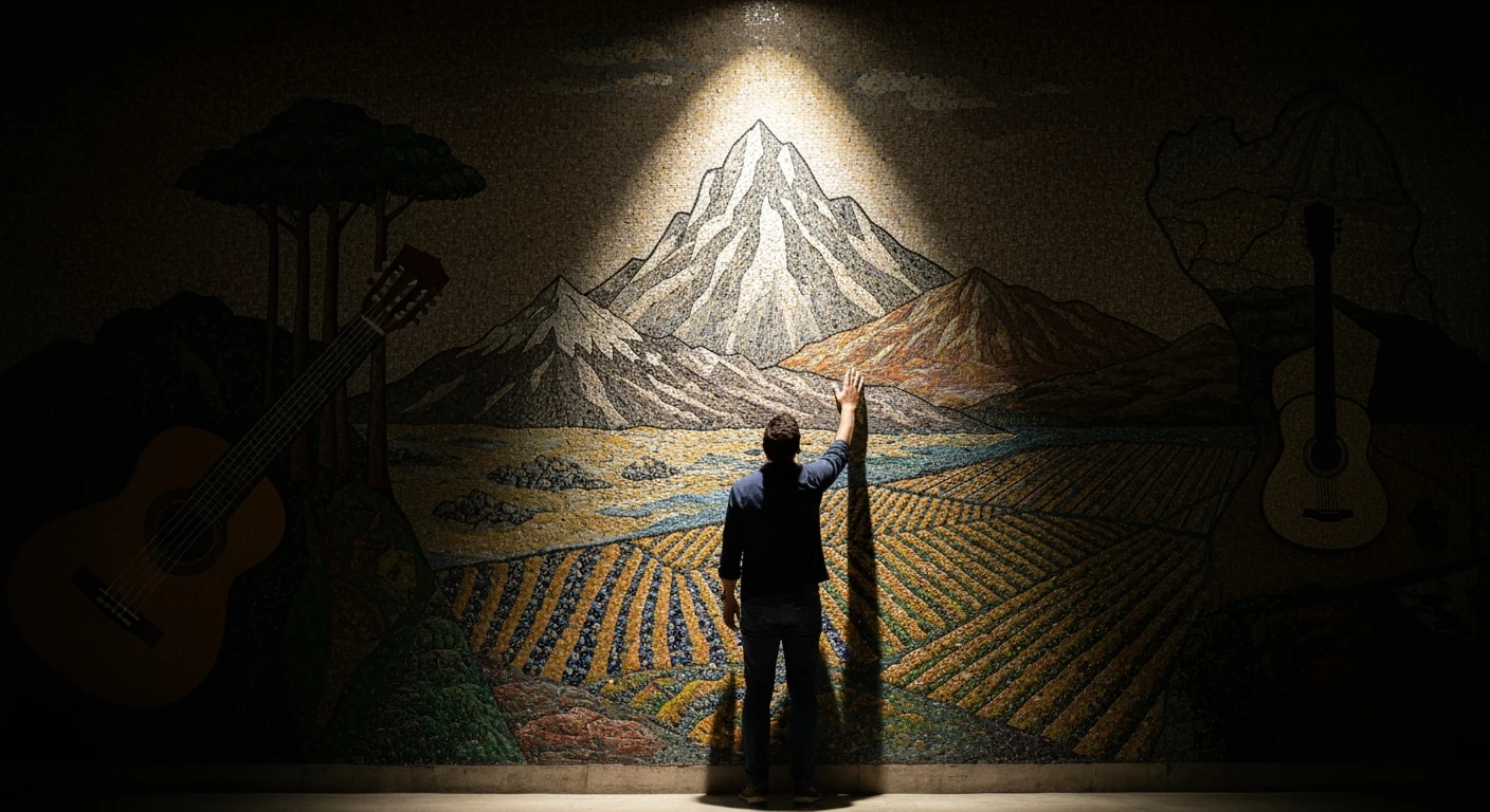 A person stands before a dramatic, chiaroscuro-lit mosaic depicting Brazil's diverse landscapes and cultures, debunking common misconceptions about the nation.