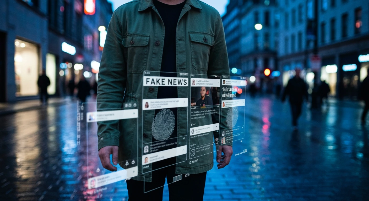 A person in a dark green jacket navigating a city street at twilight, with a translucent, fragmented digital interface displaying fake news headlines superimposed in the foreground, highlighting the challenge of identifying misinformation.