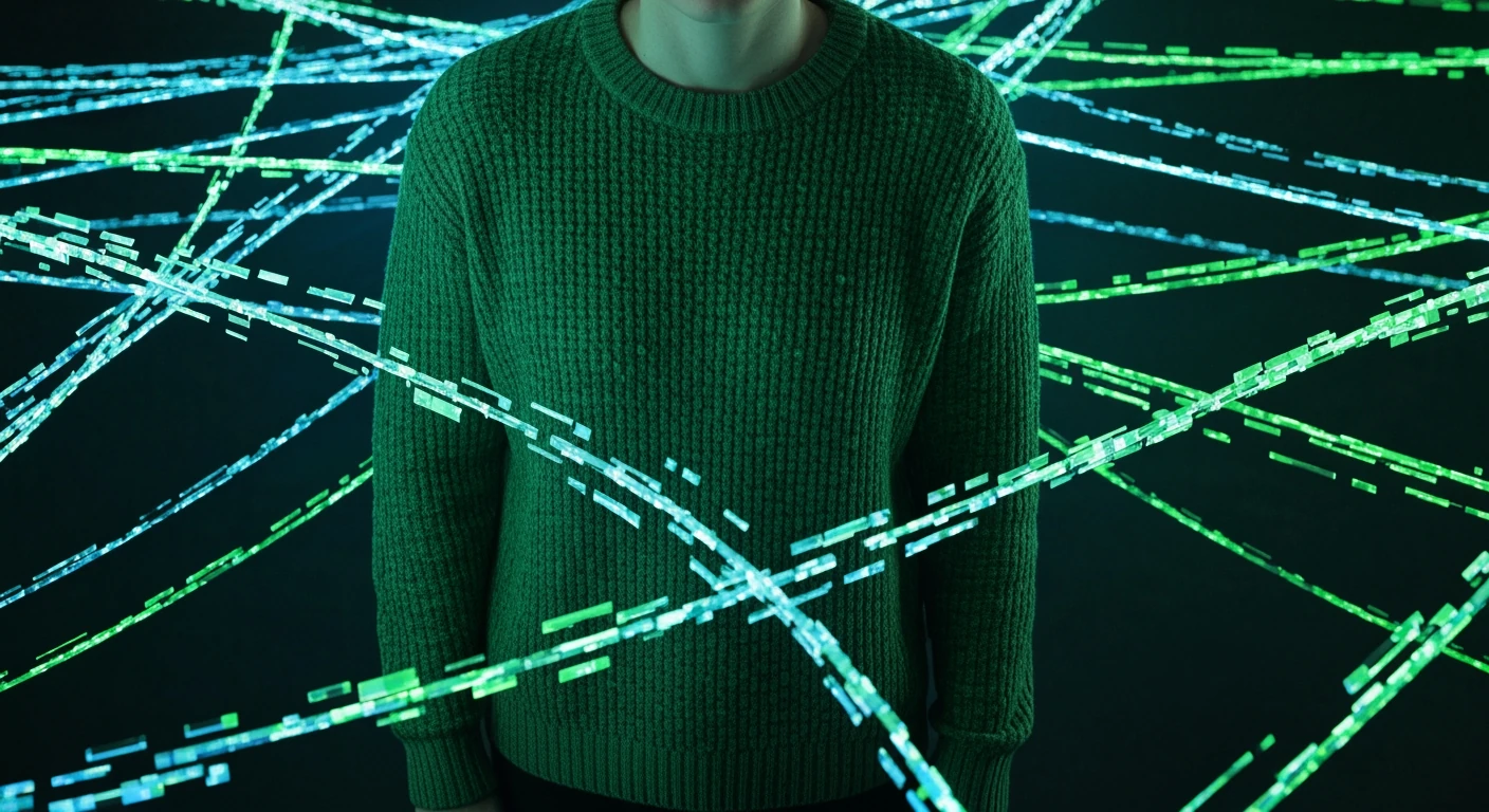 A person, seen from a high angle, standing amidst a vast, fragmented network of flowing green and blue digital information streams, illustrating information overload.