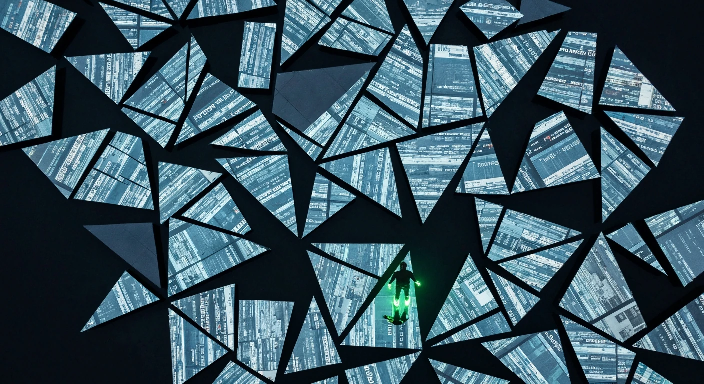 An aerial drone photograph showing a complex geometric pattern of fractured glass shards reflecting distorted news headlines and social media feeds in cool blues, with a person's silhouette outlined in green navigating the scene, symbolizing information overload and the challenge of filtering news.