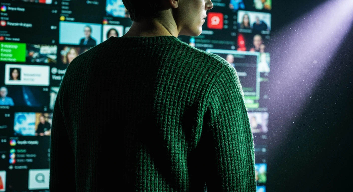A person, seen from a low angle with their back mostly turned, observing a fragmented digital projection of overwhelming news headlines and social media feeds, highlighting information overload.