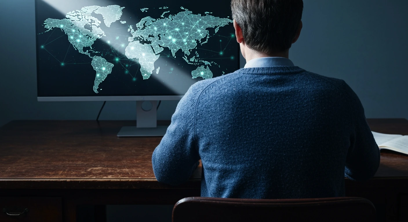 A person from behind, wearing an indigo sweater, looking at a fractured world map on a screen, illuminated by a single, dramatic beam of light, symbolizing global news complexity.