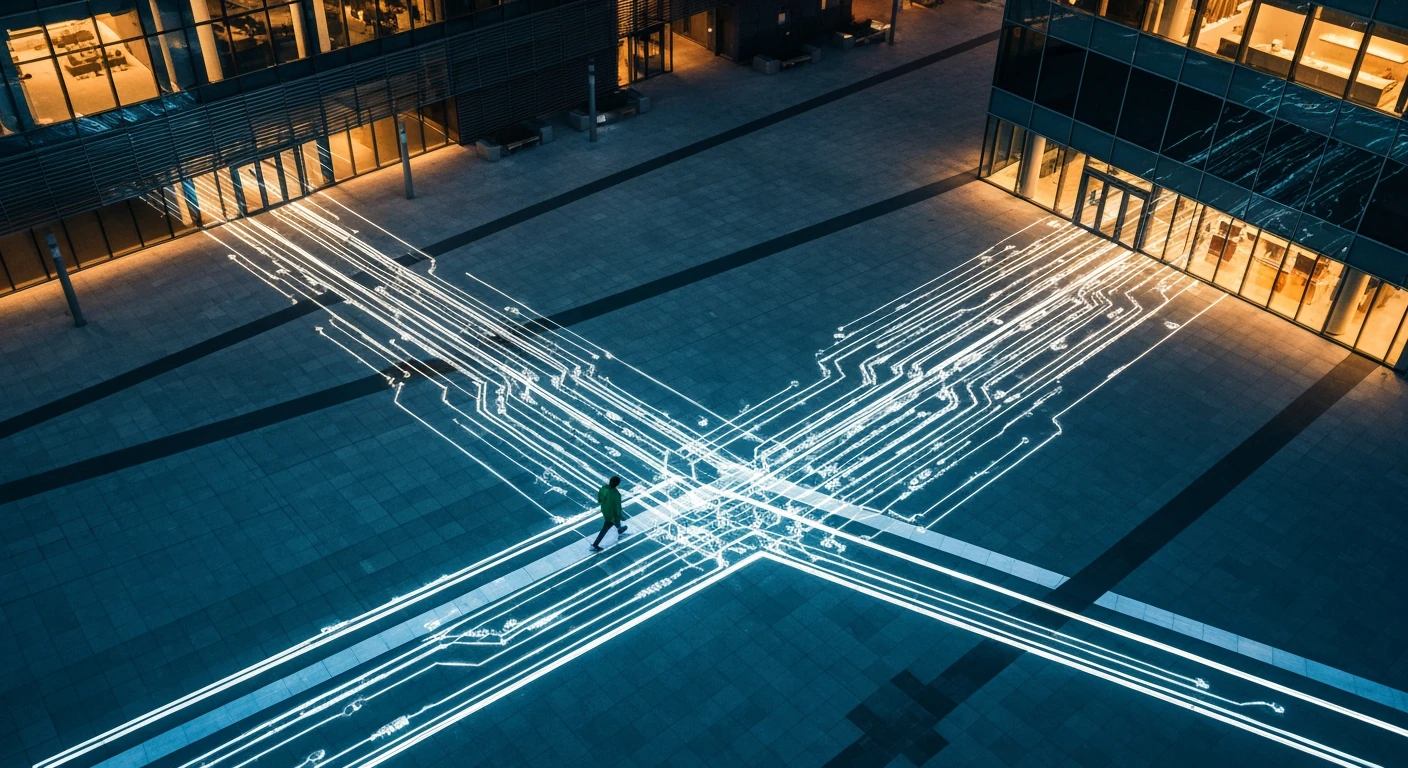 Aerial view of a person walking on a modern tech campus plaza with glowing data-like patterns and glass buildings at dusk, illustrating audience analysis for news portals.