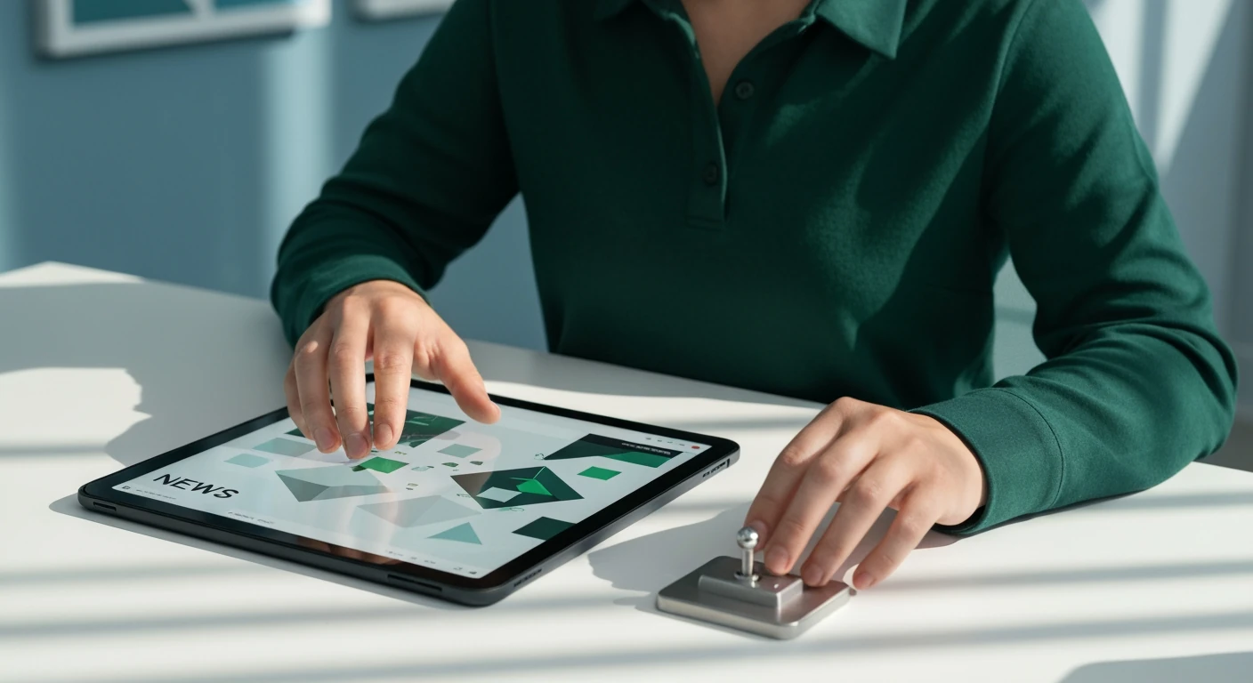 A person, mid-body, wearing a green shirt, using a black tablet with a fragmented news interface and interacting with a brushed aluminum toggle switch on a minimalist white desk, symbolizing active news selection.