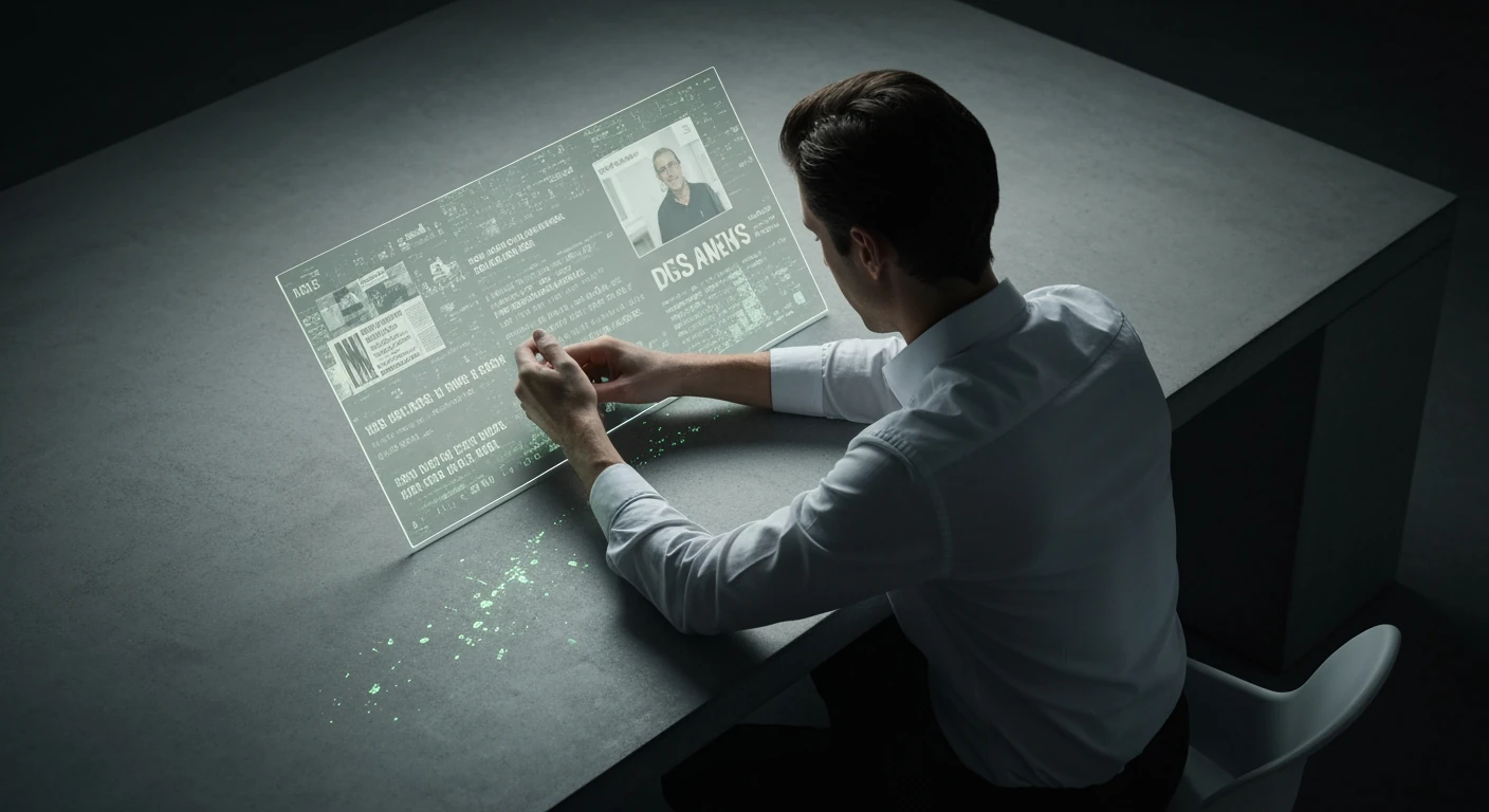 Person bowed over a desk, illuminated by fragmented news headlines on a screen, depicting mental exhaustion from information overload.