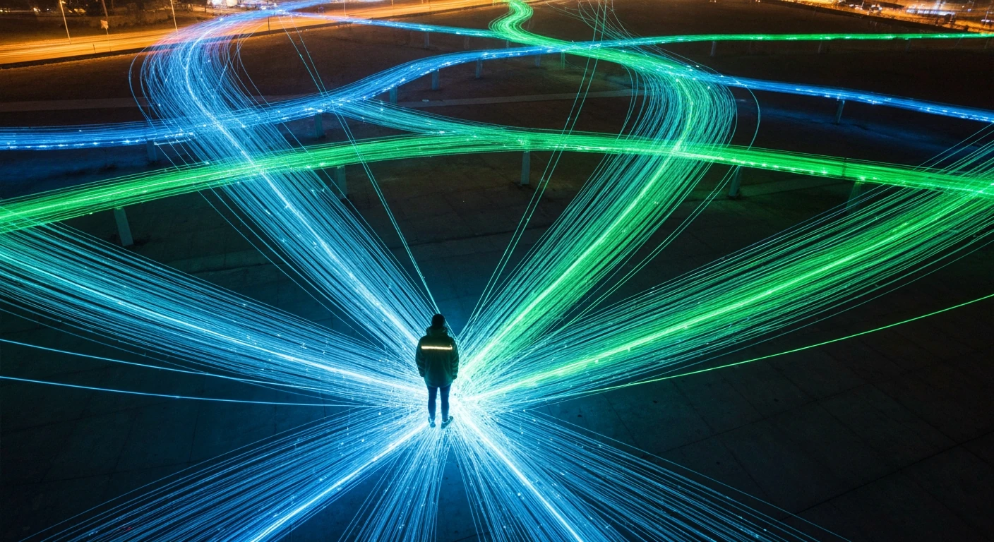 Aerial view of a person standing amidst a network of glowing digital news pathways in a stylized city, visualizing information overload.