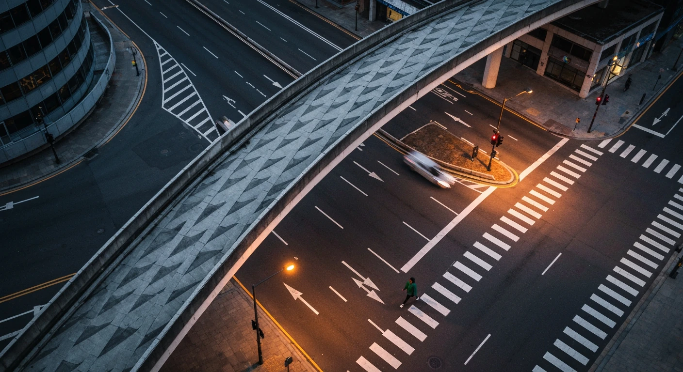 An aerial drone view of a complex urban intersection at dusk, with a person in a green jacket walking across a crosswalk, symbolizing diverse news perspectives.