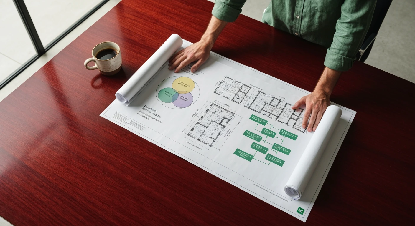 An overhead view of hands unrolling a detailed blueprint for a news portal, showcasing audience niche and content strategy diagrams on a mahogany table, lit by soft natural light.