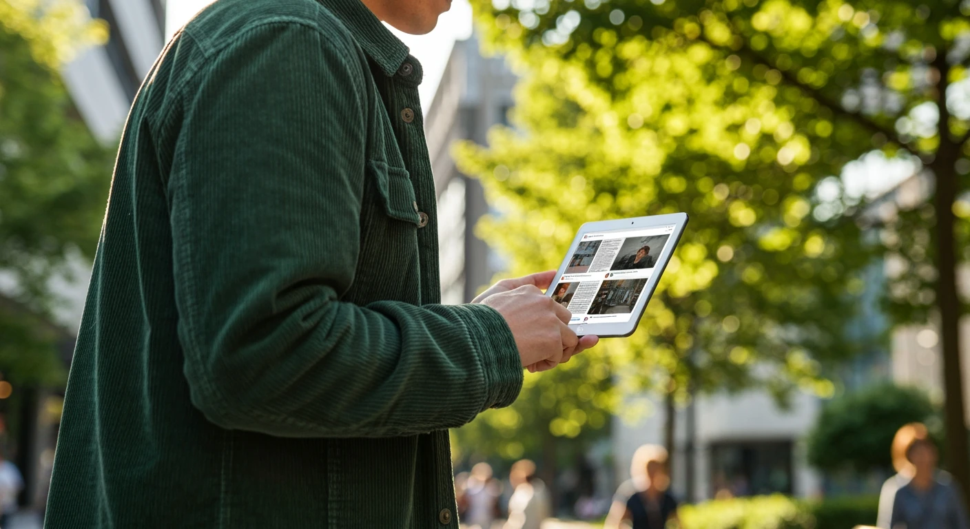 A person in a green jacket walks through a park, engrossed in a tablet showing news and social media, symbolizing evolving digital news consumption habits.