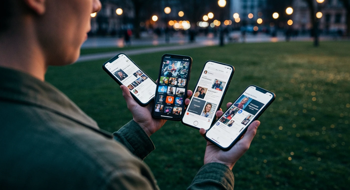 A person in an olive-green jacket, seen from behind, holding multiple smartphones displaying a fragmented mosaic of news, social media, and streaming content, in a bustling urban park at dusk, illustrating modern news consumption.