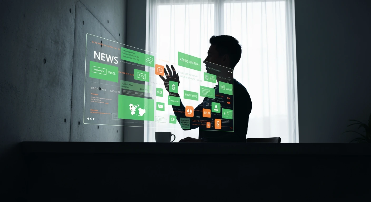 A person's silhouette against a window, interacting with fragmented digital news headlines and social media icons projected onto a transparent screen, illustrating information overload and news curation.